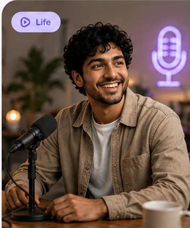 Arjun recording a podcast at home