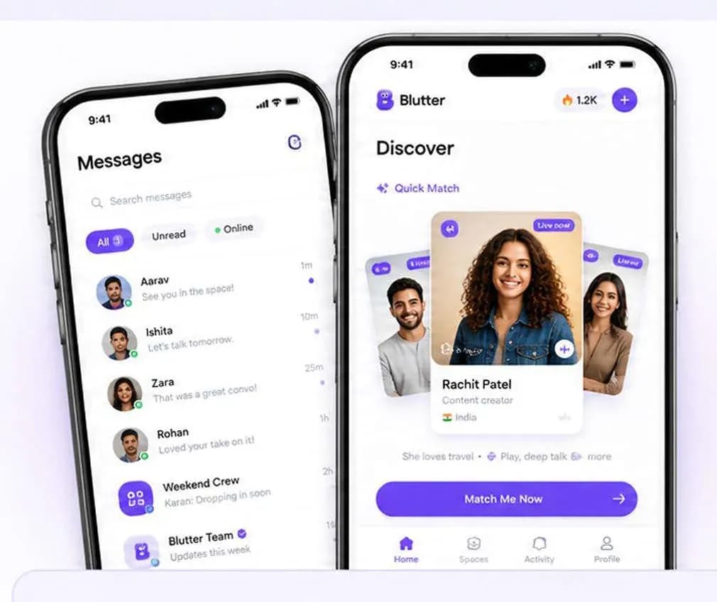 The Blutter app: messages and discover screens