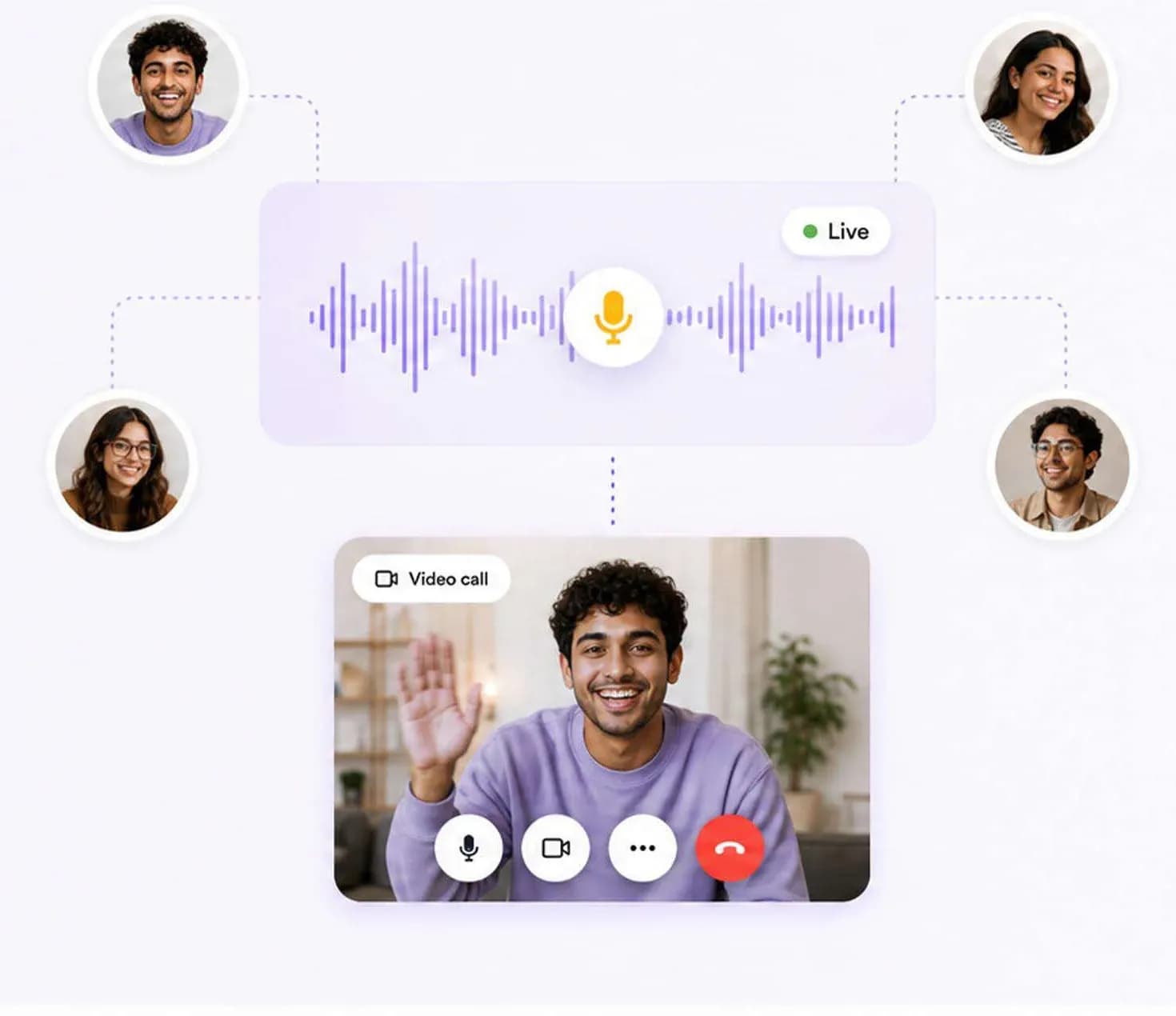 People in a live audio room, with a video call open below